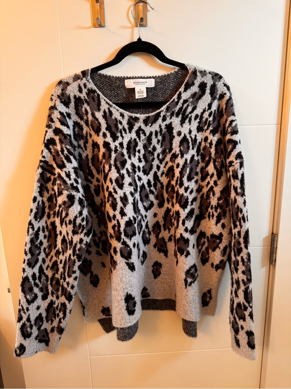 Workshop Leopard Print Eyelash Knit Oversized Sweater Grey Black XL